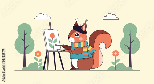 Cartoon squirrel artist painting a tulip on an easel in a cute outdoor setting with trees and clouds in a whimsical vector style