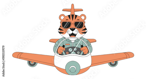 Cartoon tiger character piloting orange airplane with sunglasses cute aviation design vector illustration for children's graphics and playful themes