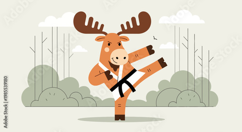 Cartoon moose character practicing martial arts in a forest clearing wearing a karate gi with a black belt in a flat vector style