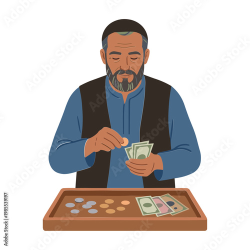 Man counting money on a wooden tray in a casual setting