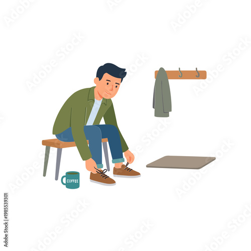 Man sitting on chair tying shoes next to coffee cup and rug