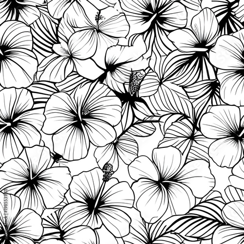 a seamless floral pattern in a hand-drawn line art style featuring densely packed blossoms with overlapping petals and leaves.