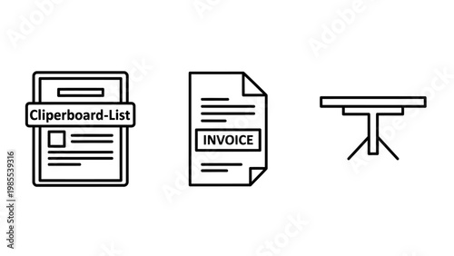 Icons representing clipboard list invoice document table with legs line art flat design clipboard document furniture illustration minimalist business organization administration