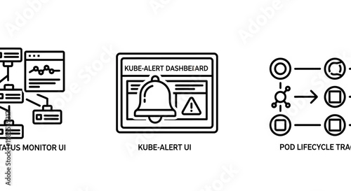 Icons for status monitor kube alert UI dashboard pod lifecycle track user interface line art flat design dashboard kubernetes lifecycle illustration minimalist technology computer