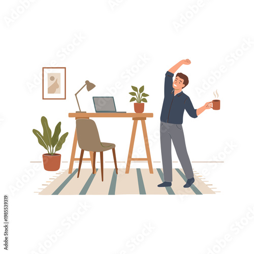 Man stretches while standing in home office with laptop and coffee