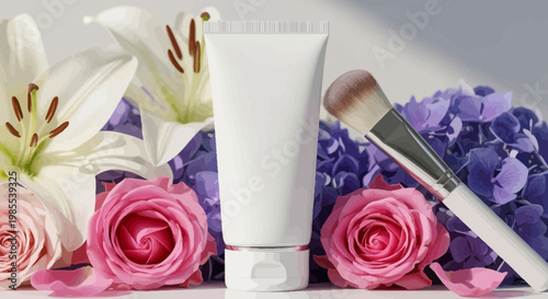 Cosmetic tube with brush surrounded by lilies roses and hydrangeas in a beauty product promotion still life illustration cartoon style.