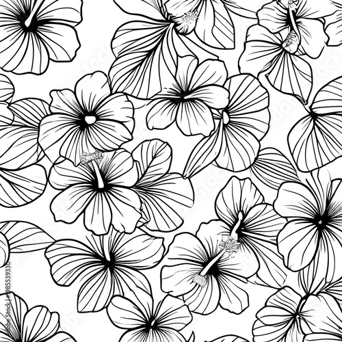 a seamless floral pattern in a hand-drawn line art style featuring medium and large blossoms with layered petals and overlapping leaves in a balanced repeating composition.
