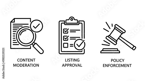 Icons for content moderation listing approval policy enforcement with gavel moderation approval enforcement magnifying clipboard checklist document illustration business regulation
