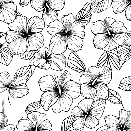 a seamless floral pattern in a delicate hand-drawn line art style featuring small and medium blossoms with thin stems and airy spacing.