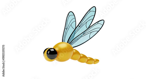 3D cartoon dragonfly with blue wings and golden body