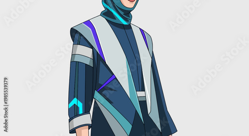 Digital art of woman wearing futuristic blue hijab and modern geometric coat; stylish Islamic fashion illustration in minimalist style