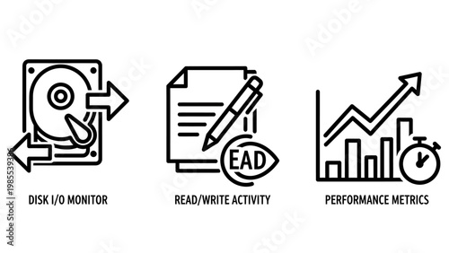 Icons for disk monitoring read-write activity performance metrics with hard drive upward trend transfer document stopwatch technology illustration computer software performance analysis
