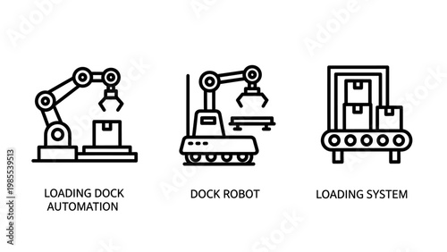 Robotic arms and conveyor belt icons for automation with robotic arm loading dock heavy industry supply chain automation industrial manufacturing warehouse logistics packaging machinery