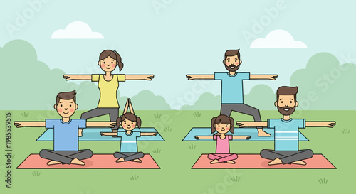 Family doing yoga exercises outdoors in a park performing warrior pose on yoga mats healthy lifestyle vector illustration style.