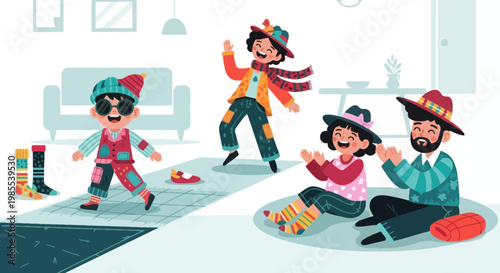 Family dressed in mismatched clothes playing and clapping in colorful cartoon style having fun together in the living room during a festive party