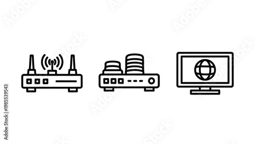 Router server rack computer monitor with globe icon internet connection network hardware data center online access digital communication world wide web internet service wireless technology