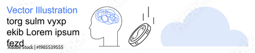 Technology innovation, cloud storage, data visualization, mental processes, creative solutions, and digital economy. Outline of a brain, cloud and coin. Cloud storage and technology innovation theme
