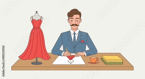Fashion designer creating a dress design on paper at desk near mannequin books and coffee cup in studio setting; vintage cartoon style