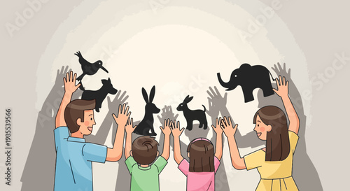 Family makes hand shadow puppets including dog bird elephant and bunny silhouettes against a wall in a cartoon style