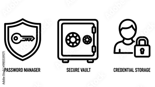 Security icons representing password manager secure vault credential storage with safe place security password credential protection cybersecurity authentication encryption confidential