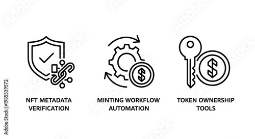 Nft metadata verification minting workflow automation token ownership tools icons with non fungible digital asset blockchain technology crypto art smart contract token economy automation process