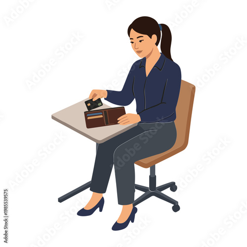 A woman sits at a desk opening a briefcase in an office.
