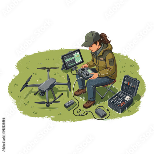 Person operating drone controller outdoors on grassy field with equipment