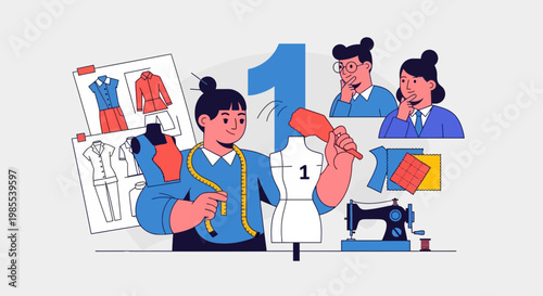 Fashion designer creating apparel with sketches and sewing machine in studio teamwork stylish illustration blue color palette