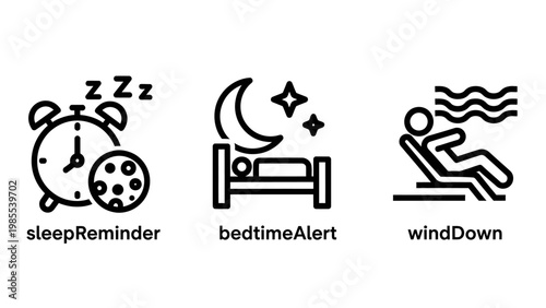 Alarm clock moon and stars over bed person relaxing icon for sleep and relaxation wind down lounge chair wavy lines wake up reminder relaxation reclining schedule illustration recovery