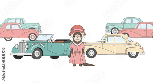 Ferret lady in pink dress and hat standing among vintage cars in pastel colors cartoon style automotive fashion statement