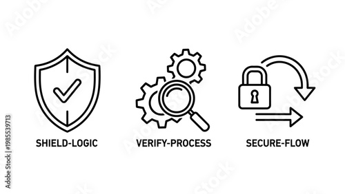 Shield with checkmark magnifying glass over gears secure flow lock icons checkmark verified technology security protection authentication workflow mechanics analysis research business