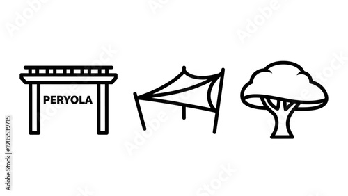 Pergola awning tree outline icons with shade sails architecture structure minimalist recreation trellises carports tarpaulins umbrella branches woodland arboretum botanical