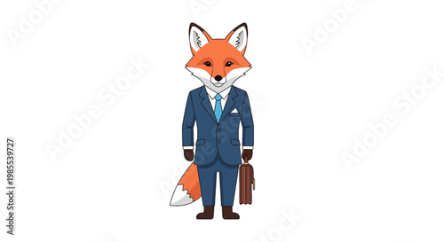 Fox character in a blue business suit holding a briefcase illustration; cartoon style; front view; anthropomorphic animal; stock vector