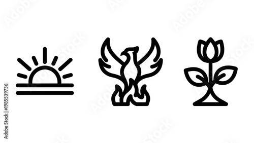 Symbol set: sunrise phoenix bird flower with illustration beginning mythology religion abstract creativity inspiration positive