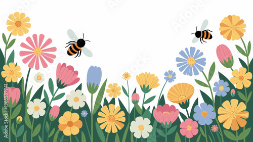 Spring Wildflower Border Vector Colorful Flowers and Bees Garden Frame