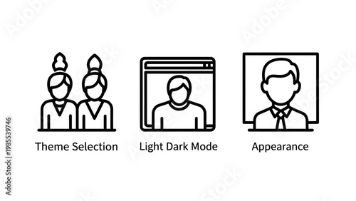 User interface icons: theme selection light dark mode appearance with user friendly interface elements interface selection appearance settings preferences customization computer illustration