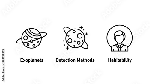 Exoplanets detection methods habitability icons representing astronomy and space exploration concepts with solar system line art white background earth like exoplanets detection habitability