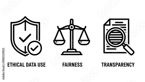Ethical data use fairness transparency icons representing business principles and digital governance with line art magnifying glass fairness transparency principle integrity security compliance