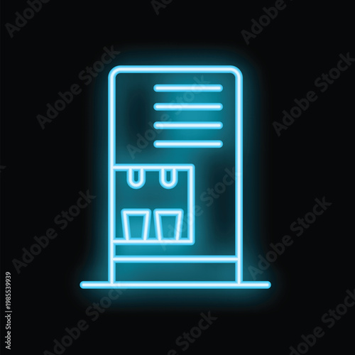 Blue neon icon of a water dispenser with three taps and a menu on top, glowing on a dark background