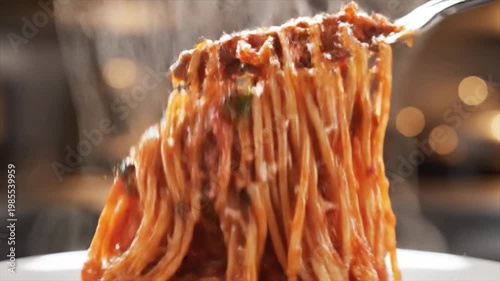 A fork holds up a delicious plate of spaghetti with tomato sauce