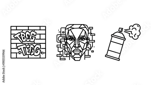 Graffiti brick wall geometric face spray paint can icons for street art with urban art hip hop graphic design graffiti geometric abstract creative illustration rebellion expression isolated