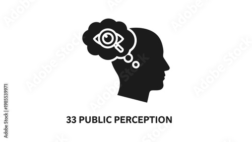 Public perception concept icon with human head silhouette and eye in thought bubble representing insight and opinion line art white background decision making data analysis perception thinking