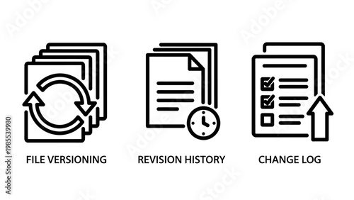 File versioning revision history change log icons depicting document management and version control concepts with data management record keeping software development information technology