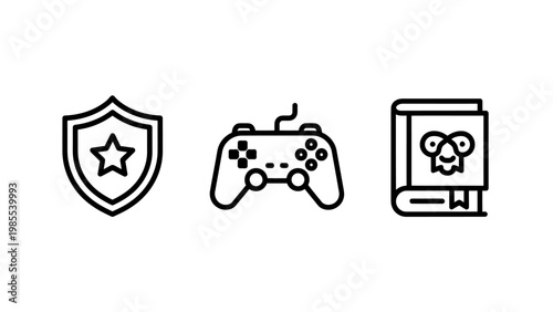 Gaming and fantasy icons set: star shield game controller monster storybook with video game role playing user interface controller joystick achievement protection creature collection