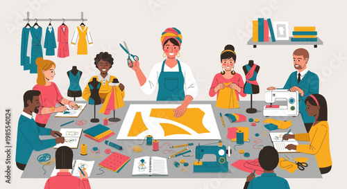 Group of diverse fashion designers collaborating on clothing designs in a workshop illustration with sewing machines and fabric patterns