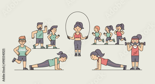 Group of diverse people exercising in the park in vector style; women and men doing fitness jogging skipping rope in light beige background