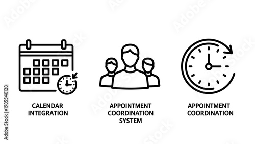 Calendar integration and appointment coordination system line icons set with time management schedule planning reminder synchronized teamwork collaboration business organization productivity