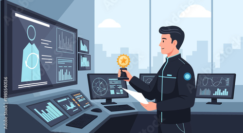 Man holding a bitcoin in office.