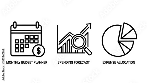 Financial planning and budgeting icons showing monthly budget planner spending forecast expense allocation with magnifying glass pie chart bar chart line art financial spending forecast