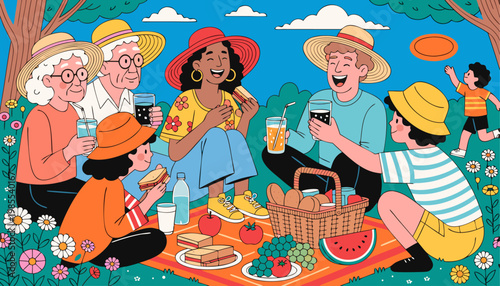 A vibrant illustration of a diverse group of people enjoying a picnic in a park with a colorful blanket and a wicker basket